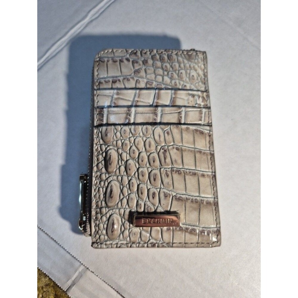 Brahmin Melbourne Credit Card Wallet Slim Zip Case Leather Cream Grey Neutral - Picture 13 of 13